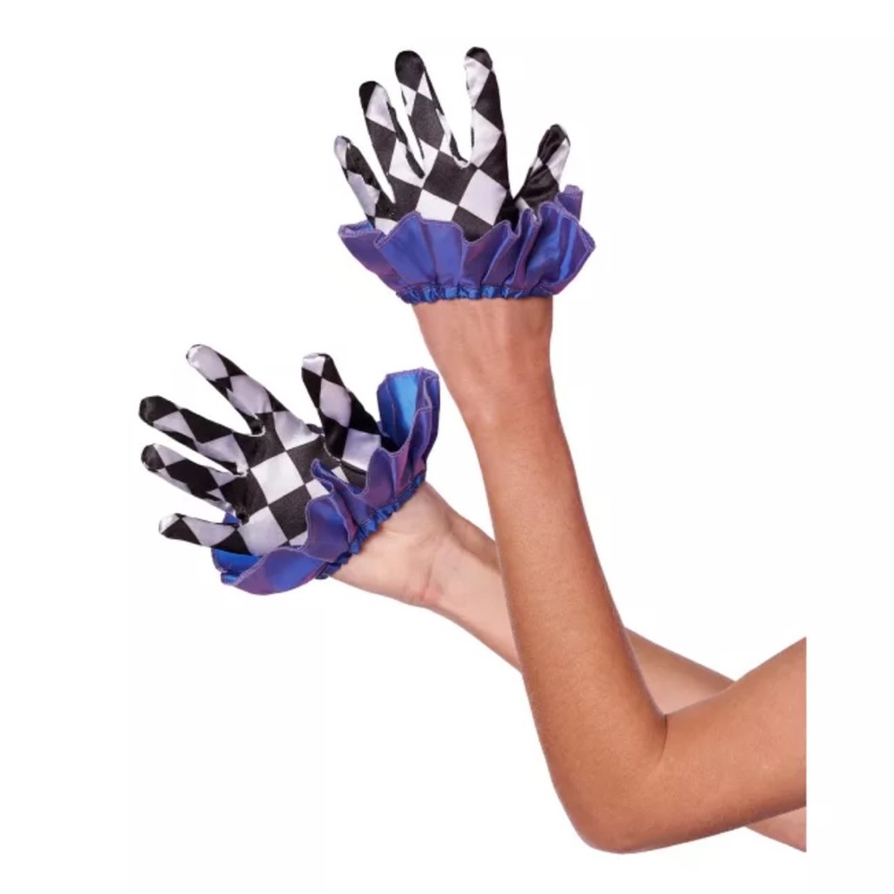 SOLD Checkered Black and White Gloves with Purple Ruffle